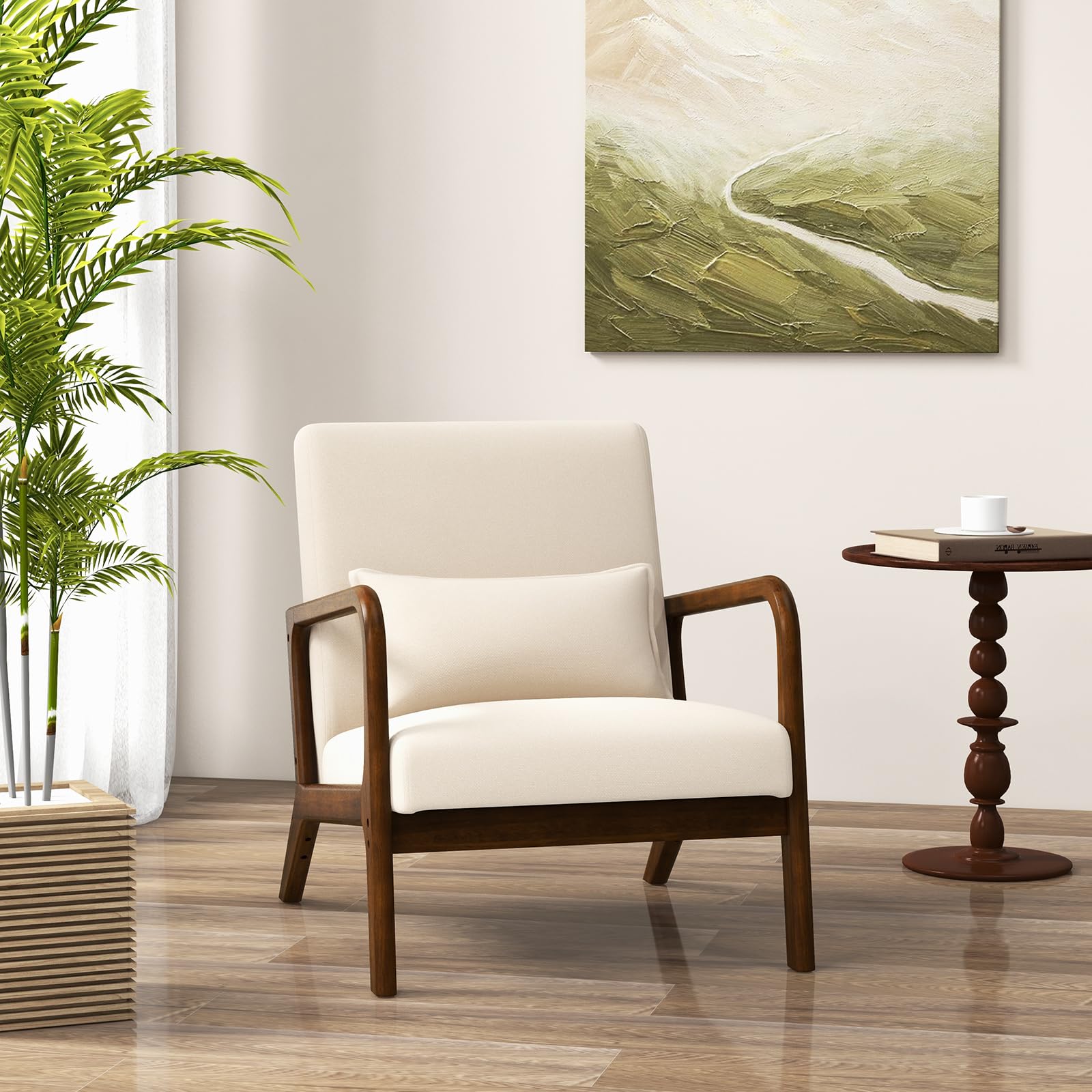 GIANTEX Mid Century Accent Chair, Innere Freizeit Stuhl mit gepolstertem Sitz & Rücken, gepolstert Gummi Holz Sessel mit Lendenkissen, Lounge Stuhl für Schlafzimmer (Beige)