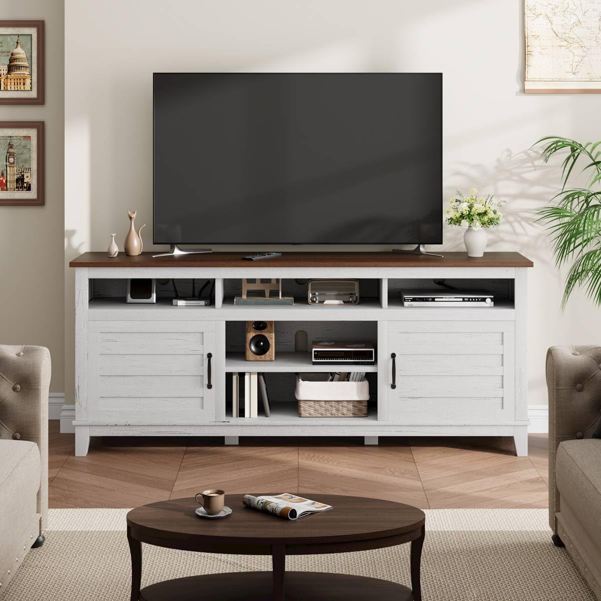 Garvee 70.9" TV Stand, Entertainment Center with Adjustable Shelves, Farmhouse TV Stand with Cabinet Doors,for Living Room, Bedroom
