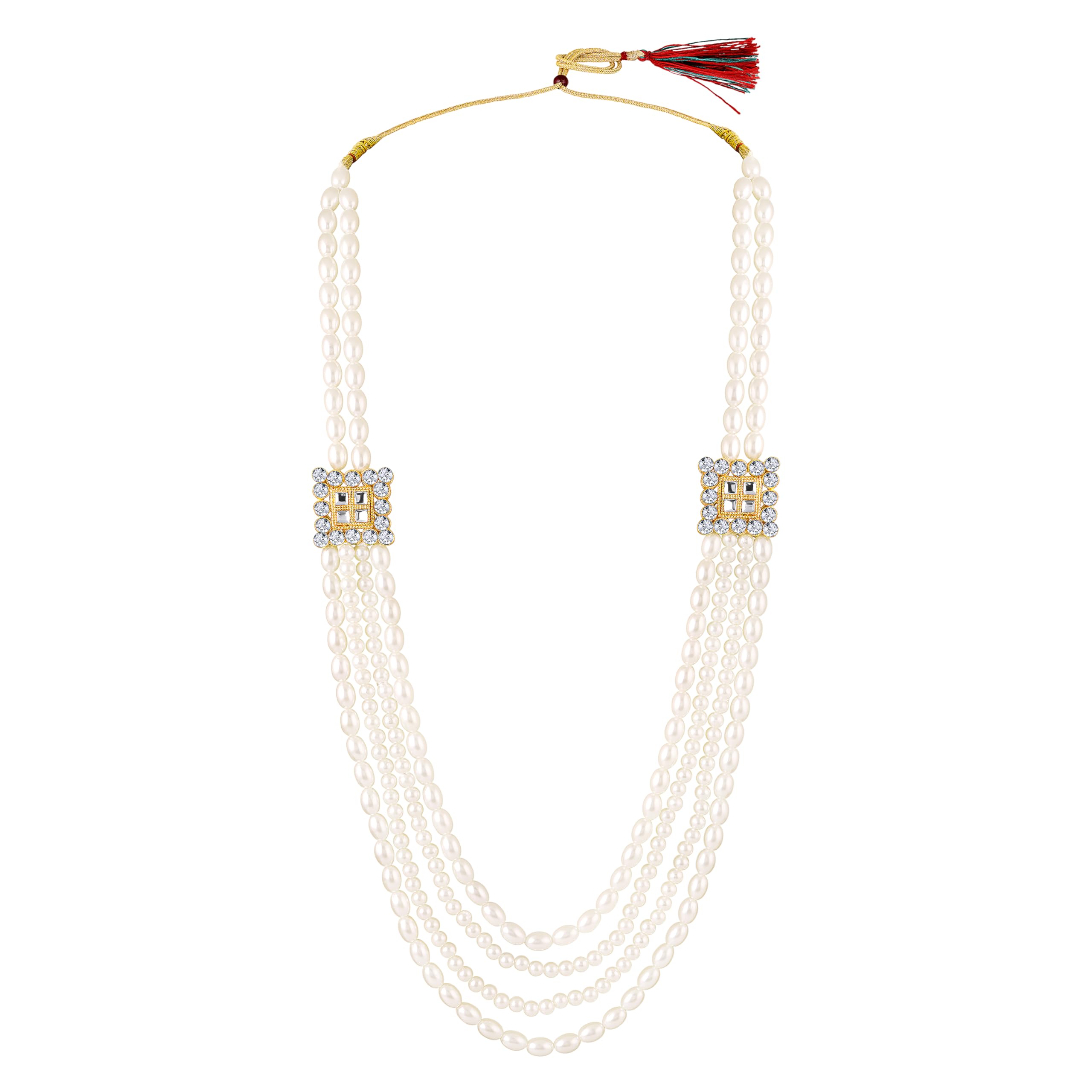 Elegant 4-Layer Dulha Mala for Groom with White Artificial Pearls & Crystals Traditional Wedding Necklace for Men | Sherwani Mala Jewelry (ML1103873GWhi)-image-17