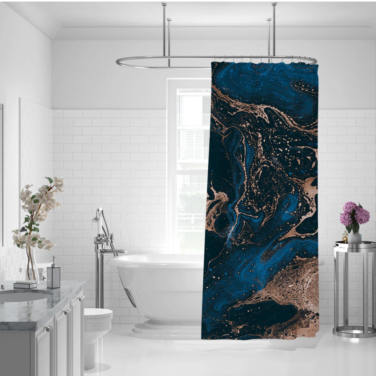 Set di Tende da doccia con struttura in marmo blu navy con 12 ganci Design originale Oro Arredamento rustico per la casa Mantieni il bagno asciutto Materiale impermeabile W180xL240cm