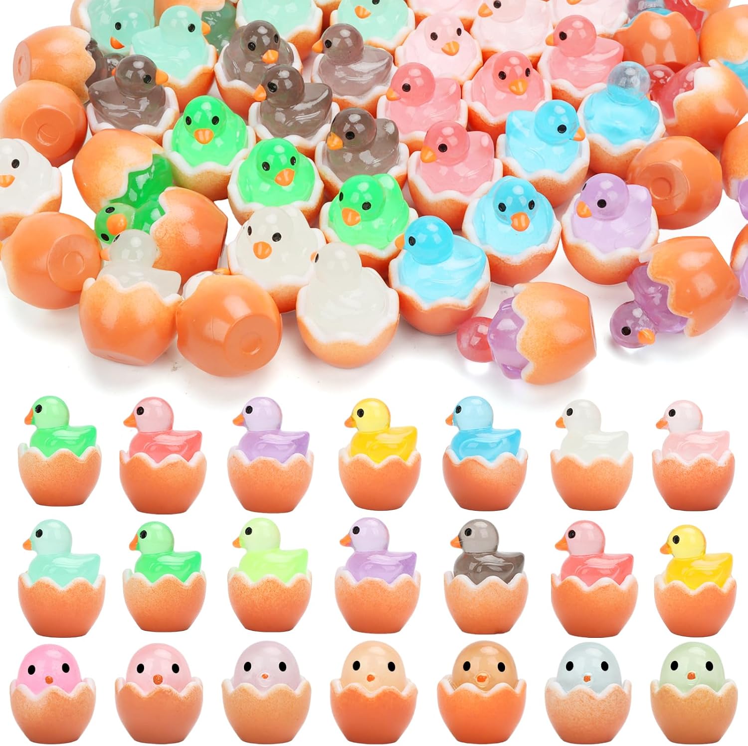 100-Pack Mini Eggshell Ducks, Luminous Tiny Ducks Chickens 10 Colors Small Resin Ducks Miniature Animals Figures for Dollhouse Landscape Decorations Fairy Garden Accessories