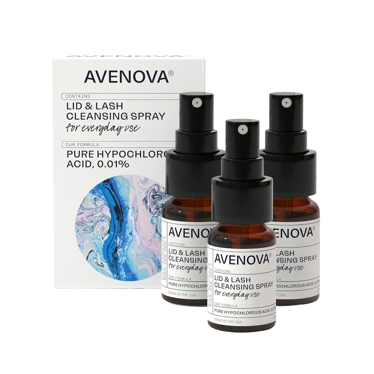 Avenova Eyelid and Eyelash Cleanser Spray - Gentle, Pure Hypochlorous Acid Spray for Eye Irritation - Daily Lash and Eyelid Cleanser - 3-Pack, 20ml Glass Bottle