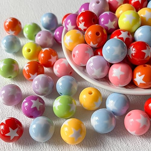 Cuentas acrílicas de 0.631 pulgadas (0.630 in), cuentas de colores, cuentas redondas multicolor para hacer joyas de bricolaje (cuentas de estrella)
