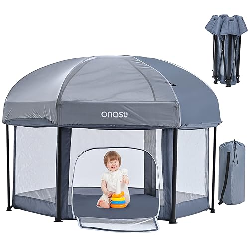 Corral portátil para bebés con toldo, corralito portátil de lujo para bebés y niños pequeños con cubierta de protección UV, suelo acolchado, bolsa