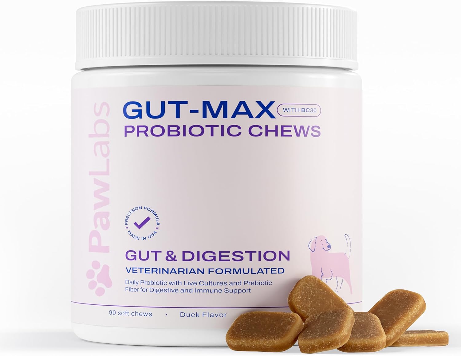 PAWLABS Gut Max Probiotic Chews – Natural, Vet Formulated Digestive & Immune Support – Relieves Diarrhea, Constipation – with Patented BC30™ Bacillus Coagulans – Duck Flavor – 90 Soft Chews