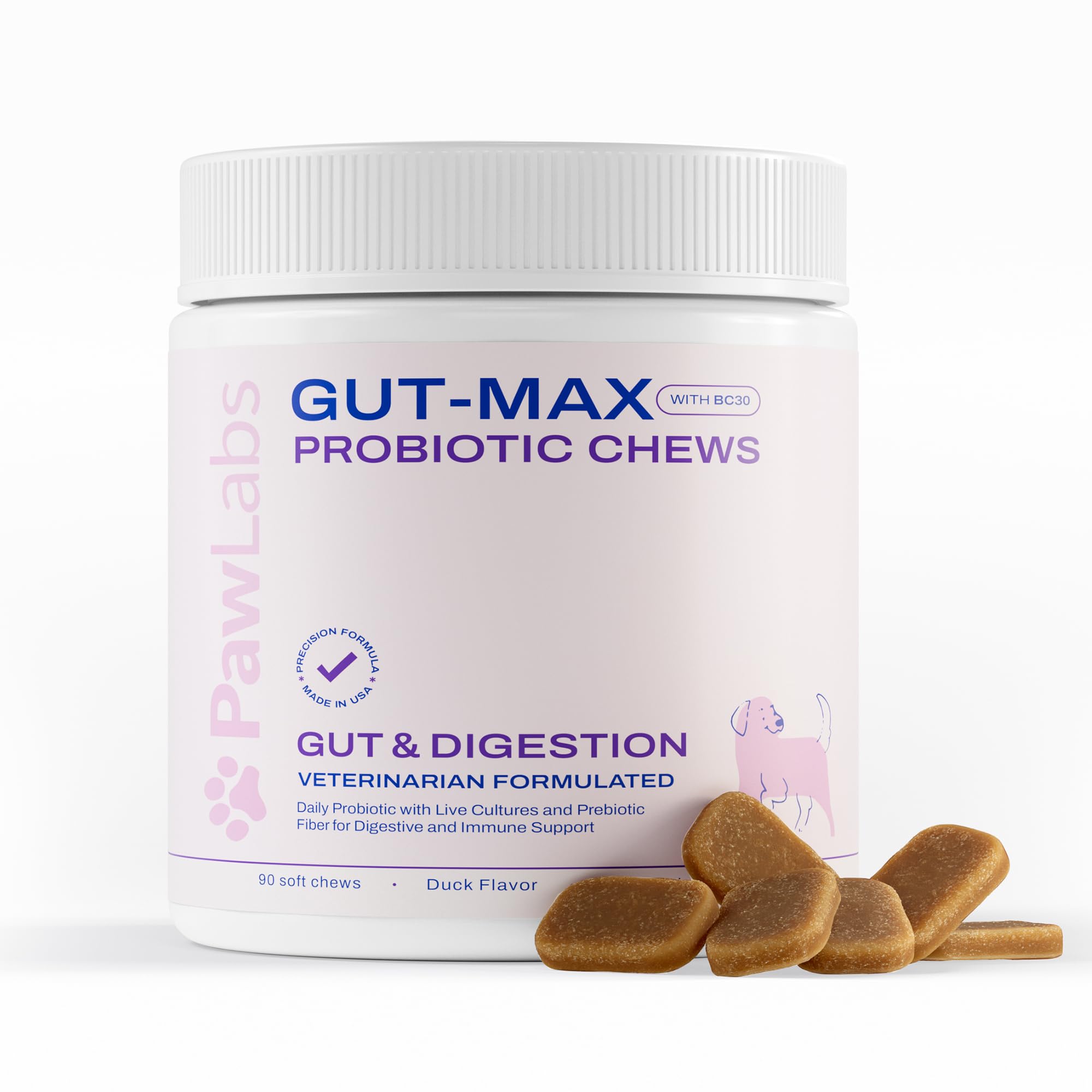 PAWLABS Gut Max Probiotic Chews - Natural, Vet Formulated Digestive & Immune Support - Relieves Diarrhea, Constipation - with Patented BC30™ Bacillus Coagulans - Duck Flavor - 90 Soft Chews
