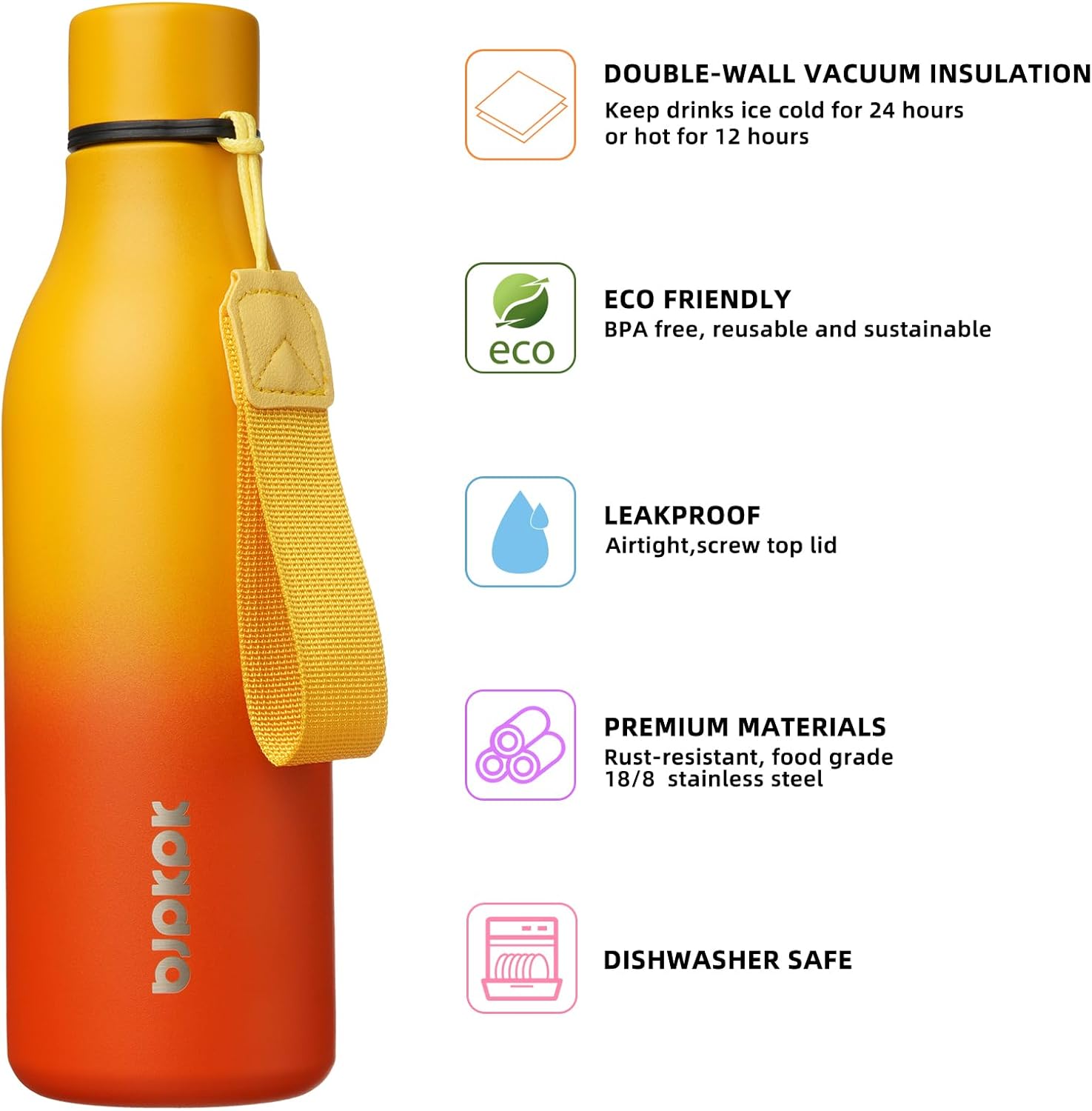 BJPKPK Insulated Water Bottles, 18 oz Stainless Steel Metal Water Bottle with Strap, BPA Free Leak Proof Jugs, Mugs, Flasks, Reusable Thermal Flasks for Sports & Travel, Sunset Orange - Image 2
