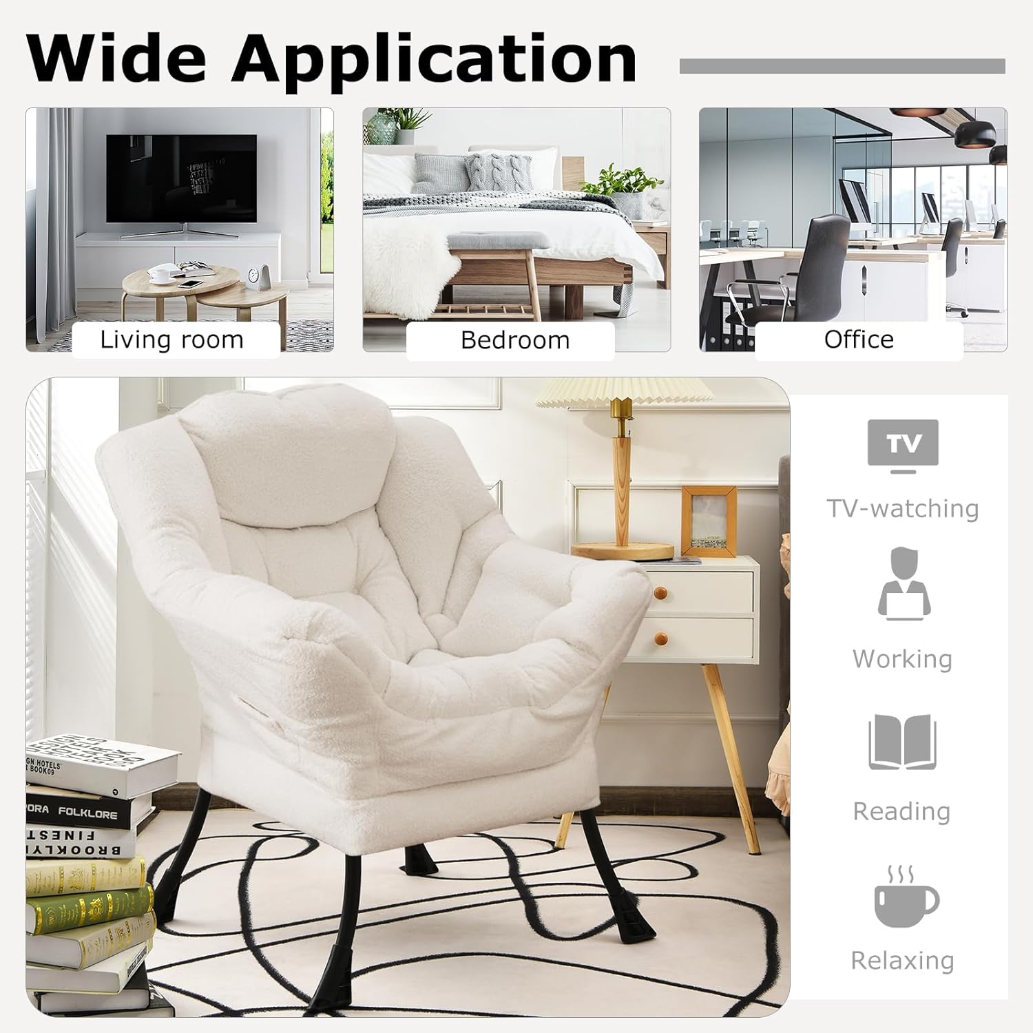 Giantex Lazy Chair, Modern Sherpa Accent Chair w/Steel Frame, Upholstered Single Sofa Chair w/Armrests & Side Pocket, Leisure Reading Lounge Chair for Living Room, Bedroom, Office, Dorm (White)