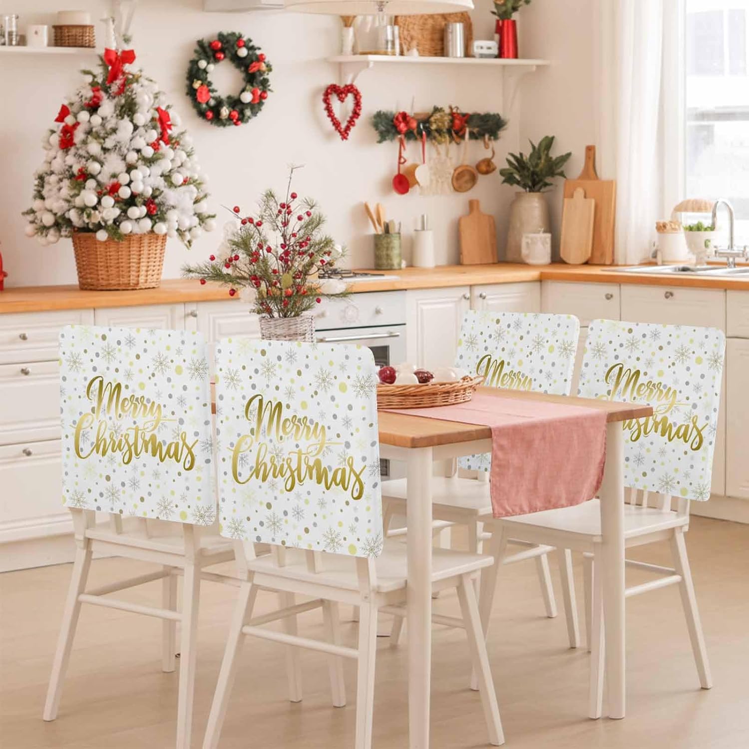 Savannan Dining Chair Back Covers, Merry Christmas Snowflake Polka Dot Gold White Chair Covers Chair Slipcovers Protective Covers for Holiday Party Festival Decoration, Set of 4