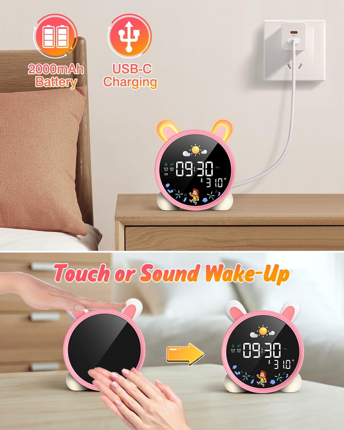 Lemnoi Wecker für Kinder, Kinder Schlaftrainer für Jungen und Mädchen, Batteriebetrieben Kinderwecker Lichtwecker mit Nachtlicht, Countdown, Snooze-Funktion, 3 Helligkeitsstufen und Buntem Licht