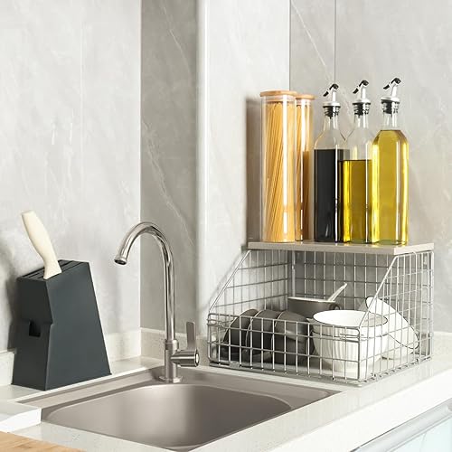 Miniatura 5 de Cesta de frutas plateada, apilable para montar en la pared, cesta de almacenamiento con tapa de madera, cesta de alambre colgante de cocina para