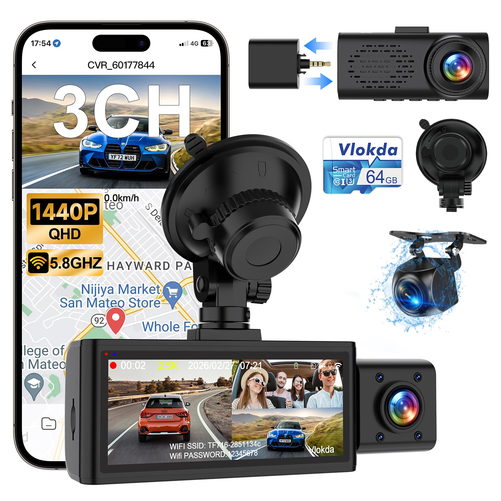 Photo 1 of Vlokda 3 Channel Dash Cam Front Inside Rear, Uber Dash Cam for Cars, 2.5K Front + 1080P Cabin & Rear, 5GHz WiFi App Control, 24H Parking Mode, IR Night Vision, G-Sensor, Loop Recording, 64GB Included