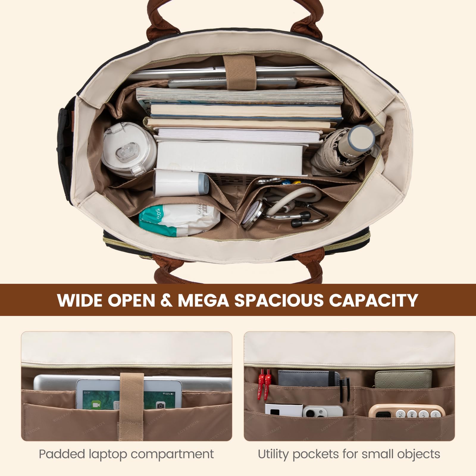 LOVEVOOK Teacher Tote Bag for Women, Laptop Bag Work Bags Computer Bag, Professional Briefcase Business Large Purses Handbag, Black-Beige-Brown, 17 Inch