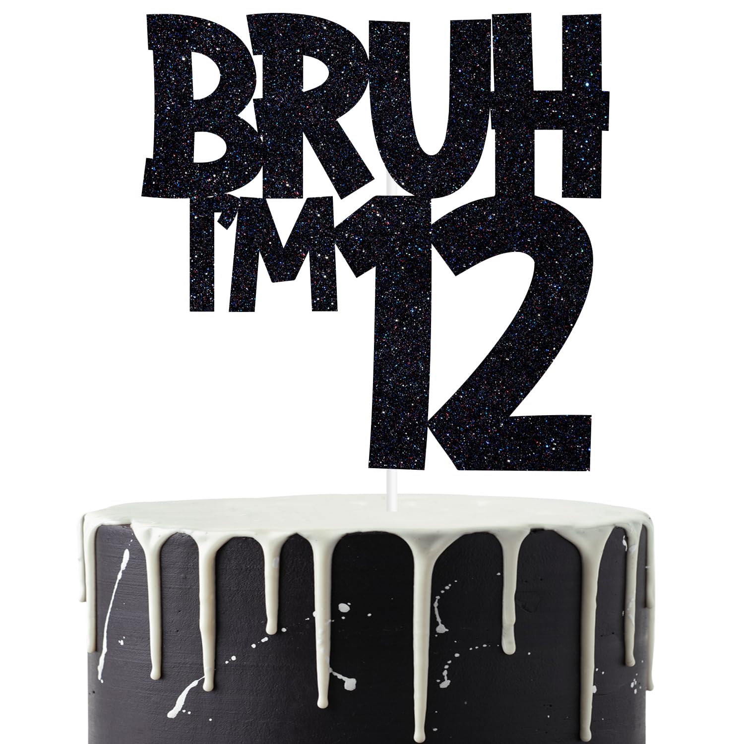 Black Glitter Bruh I'm 12 Cake Topper, Bruh It's My 12th Birthday/Cheers to 12 Years, Funny 12th Birthday Party Decorations Supplies