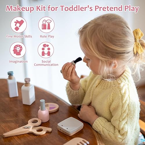 Miniatura 3 de Juego de 22 juguetes de maquillaje de madera para niños pequeños, juguetes de salón de belleza de madera, kit de maquillaje de madera con accesorios