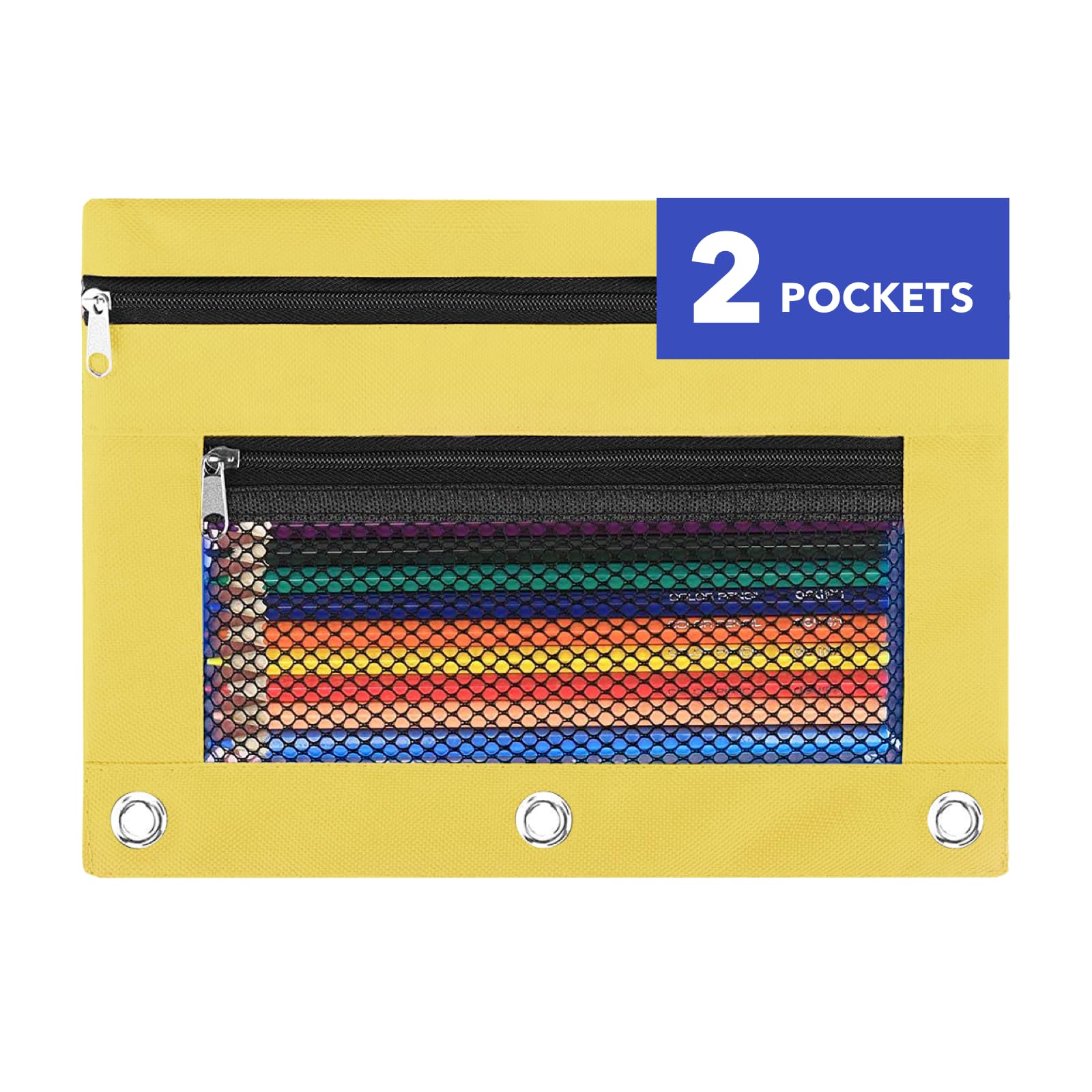 Pencil Pouch for 3 Ring Binder - 3 Hole Zipper Pen Case Bag Holder Bulk Accessories Clear Window Aesthetic Organizer Pockets (Yellow)