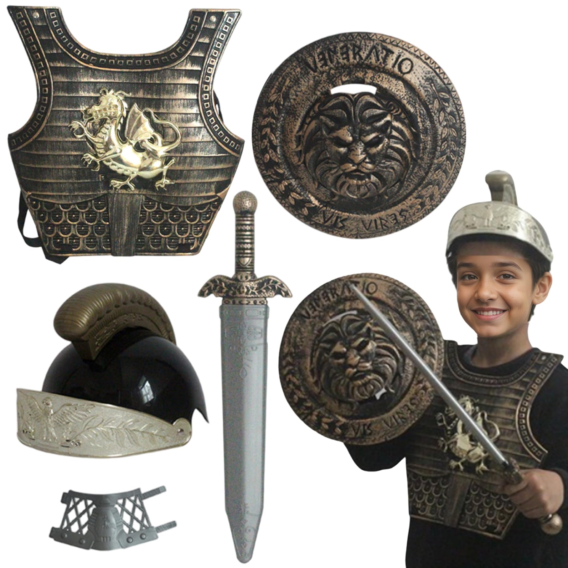 Costume da cavaliere per bambini, modello drago, armatura da cavaliere medievale, include casco, scudo, spada, protezioni per i polsi e armatura per giochi di ruolo cosplay di Halloween, 5 pezzi
