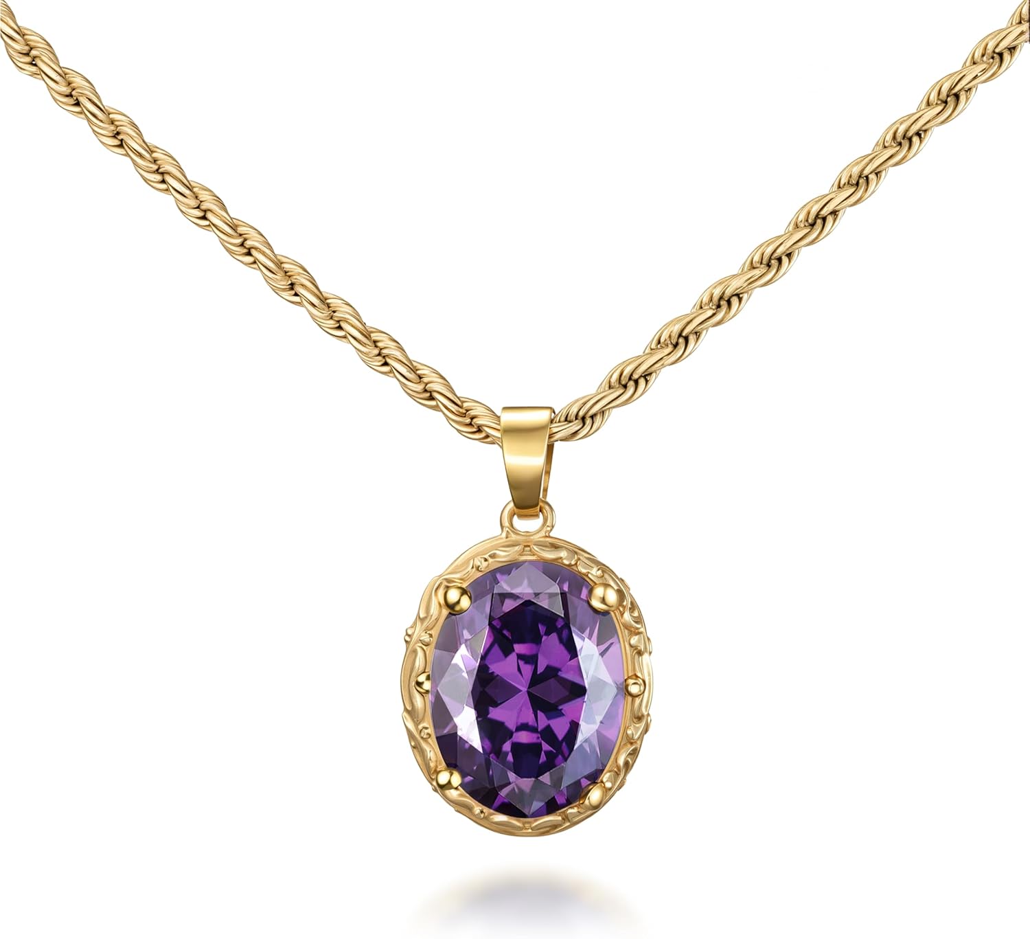 Vintage Pendant Necklace Gold Plated Amethyst Crystal Statement Jewelry for Women