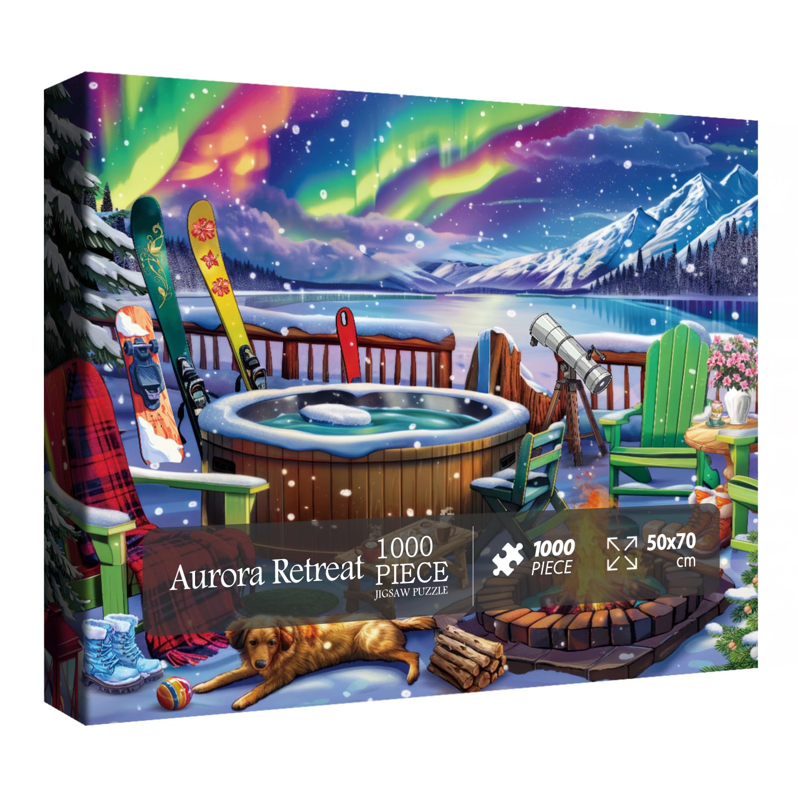BBOLDIN Northern Light Landscape Puzzle for Adults 1000 Pieces, Colorful Winter Dog Jigsaw Puzzle Scenery, Mountain Tree Cabin Snow Puzzle