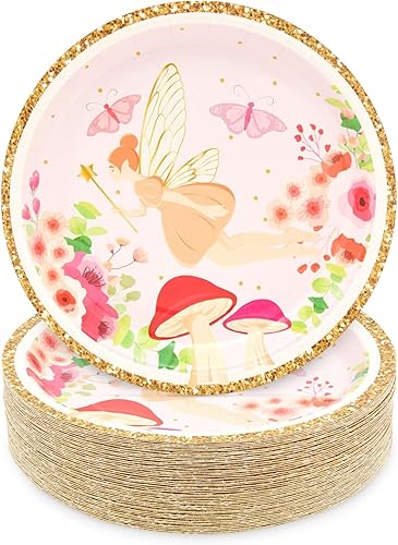 Paquete de 48 platos de papel para fiesta de té de hadas para niñas, suministros de cumpleaños florales, platos de postre de hadas para bodas, baby