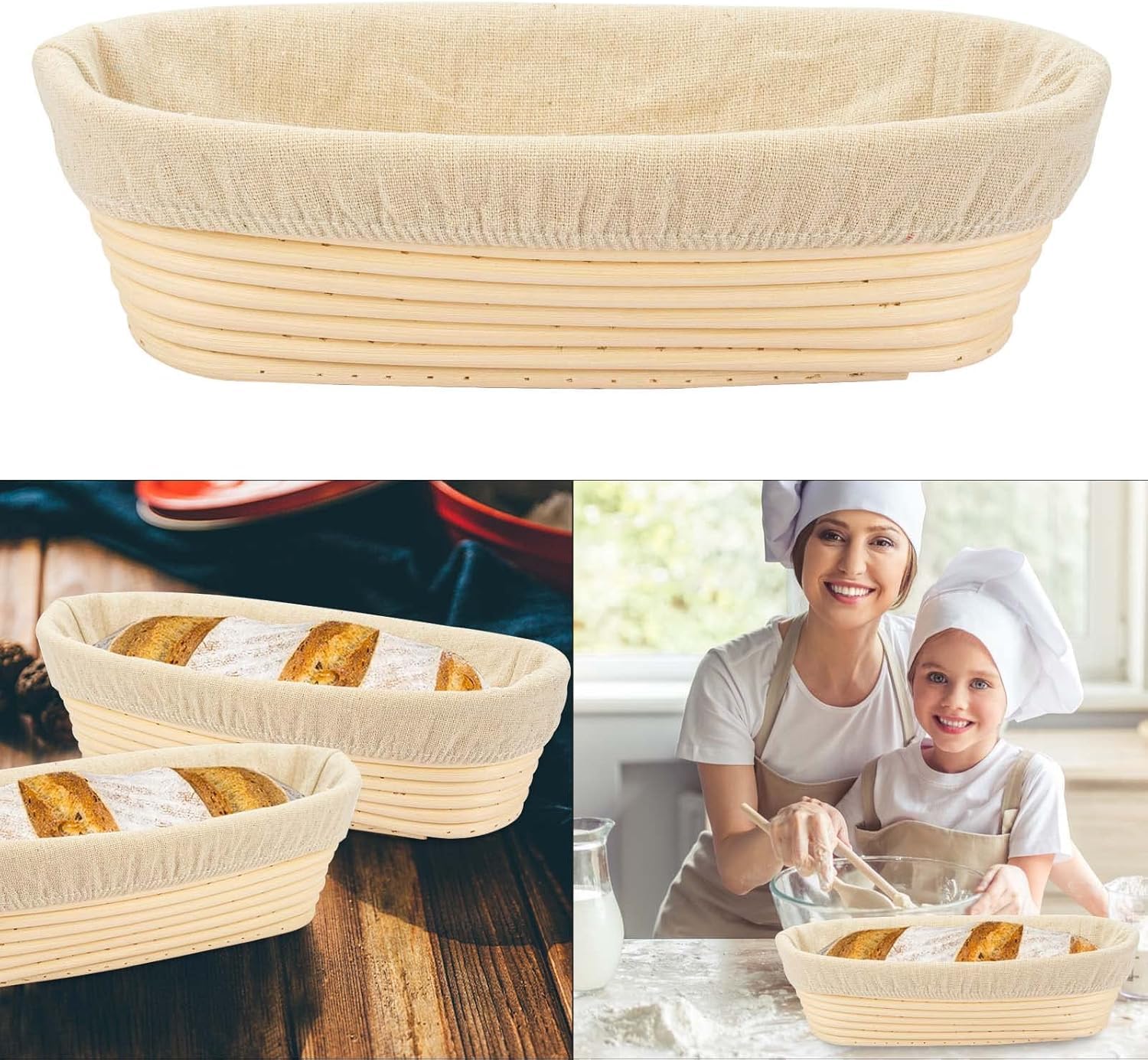 Cestino ovale lungo da 30 cm in rattan per lievitazione impasti e panettieri professionali e casalinghi