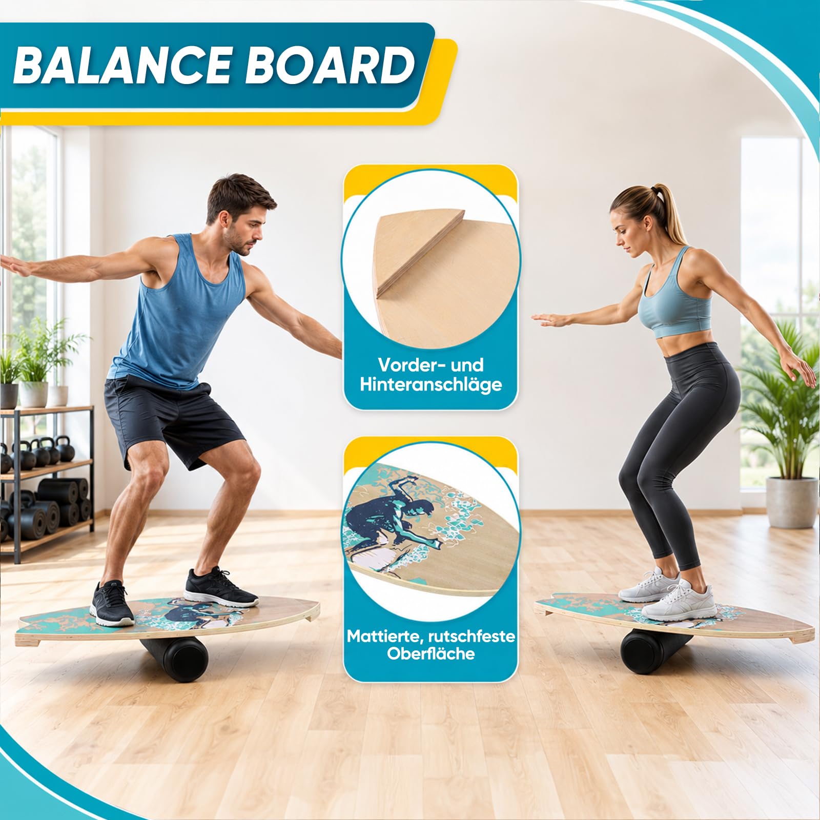 Balance Board 75x28cm 15mm Dickes, Tragfähigkeit 150Kg Holz Balanceboard Erwachsene Kinder mit Rolle & Stand, Core Training Gleichgewichtsboard für Surf, Skate, Yoga & Fitness