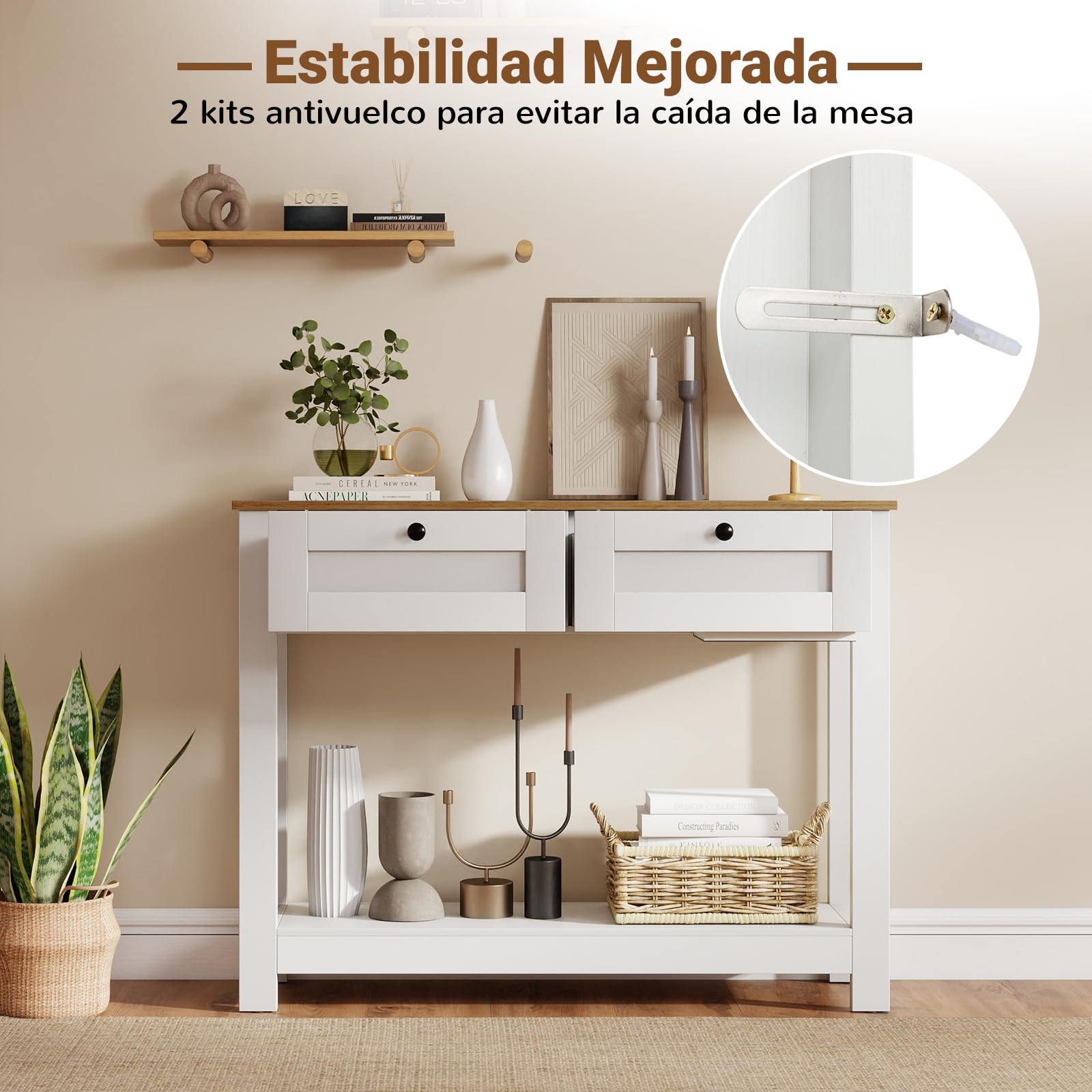 COSTWAY Consola Recibidor con 2 Cajones, Mesa de Entrada Estrecha con Estante Abierto, Mesa Auxiliar con Kits Antivuelco para Salon, Pasillo, Entrada, 106 x 30 x 81,5 cm