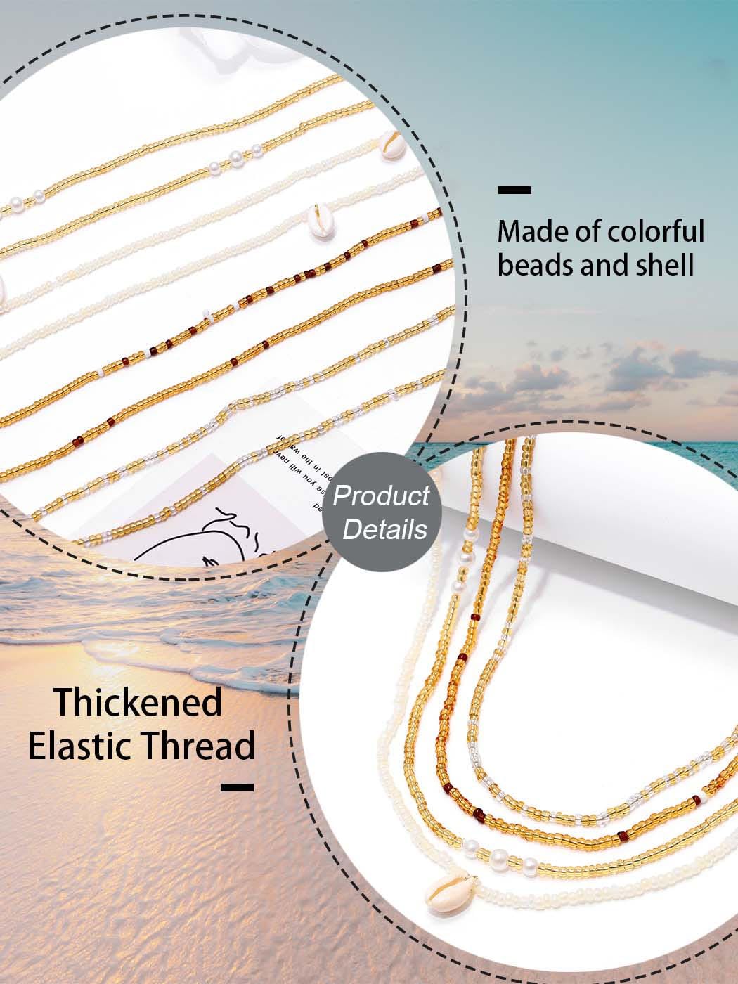 Urieo African Shell Elastic Waist Beads Chain Colorful Stretchy Belly Bead Layered Beaded Bikini Beach Waist Chains for Women: 4