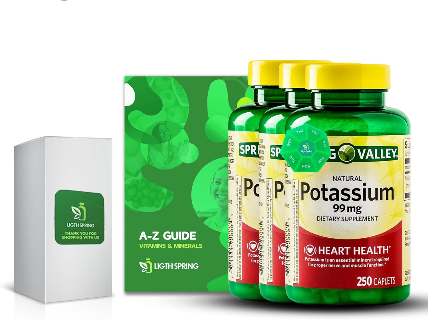 Potassium 99 mg, 250 Caplets (3 Pack) with Bundle Exclusive Vitamins & Minerals - A to Z - Better Ligth&Spring Guide + Weekly Pill Organizer (5 Items)