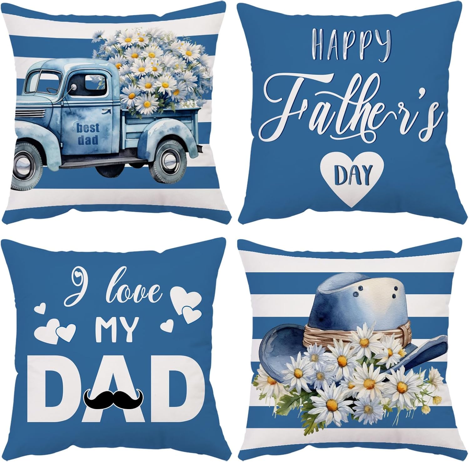 Fathers Day Pillow Covers 22x22 Set of 4 Velvet Dad Throw Pillow Covers Blue I Love You Dad Pillow Cases Cushion Covers Outdoor Sofa Couch Home Decorations Gift for Father Dad Birthday (22)