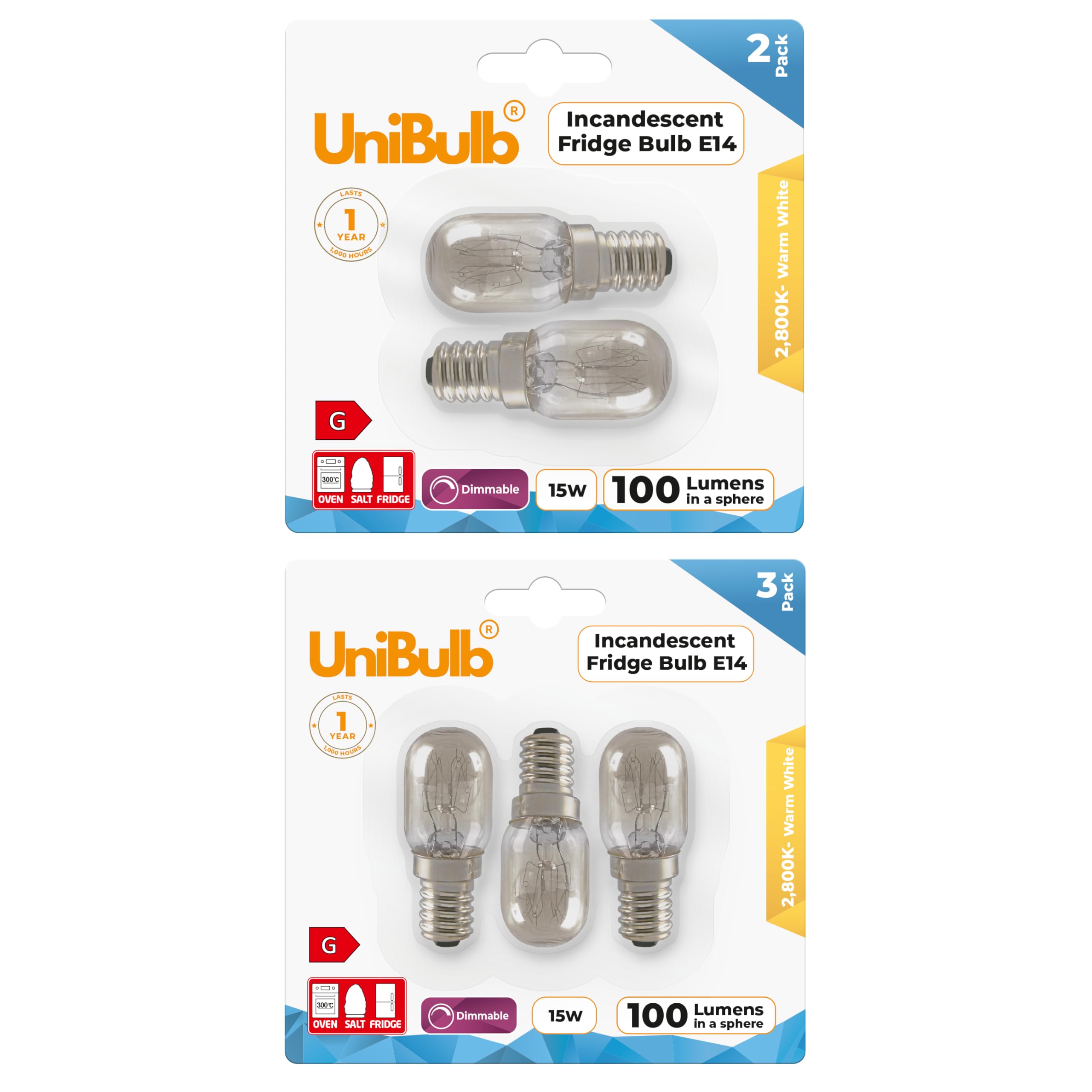 Unibulb 15W E14 Fridge Light Bulb 230V-240V Pygmy SES Incandescent Bulbs 2800K Warm White | Suitable for Salt Lamps, Ovens, Fridges or Freezers | Small Edison Screw Base (5)