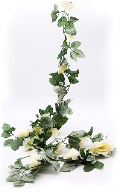 i3a 1 Pack 7.2FT Artificial Rose Vine Silk Fake Flowers Garland Plant Hanging Rose Ivy Decorations For Home Wedding Arrangement Party Garden Greenery Home Office Décor Garden Art Decor White