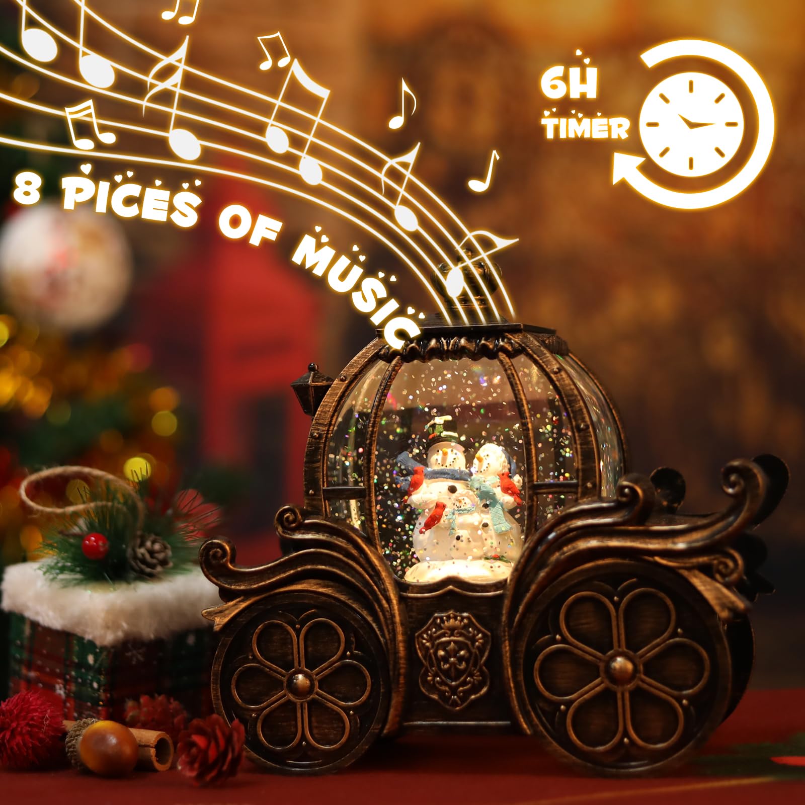 Lanterne boule à neige de Noël - Bonhomme de neige dans train musical LED scintillante - Fonctionne avec piles et USB - Boîte à musique pour décoration de Noël et décorations de cadeaux