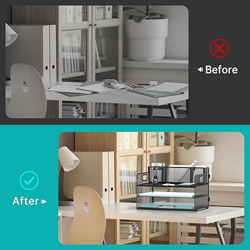 Miniatura 5 de DALTACK Organizador de escritorio de malla de 3 niveles con 3 soportes para bolígrafos, bandeja de papel con asas, organizador de archivos de