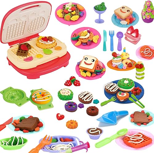 Juego de masa de color para niños, máquina para hacer gofres de cocina, 32 piezas de arcilla y accesorios, kits de herramientas de masa, regalos