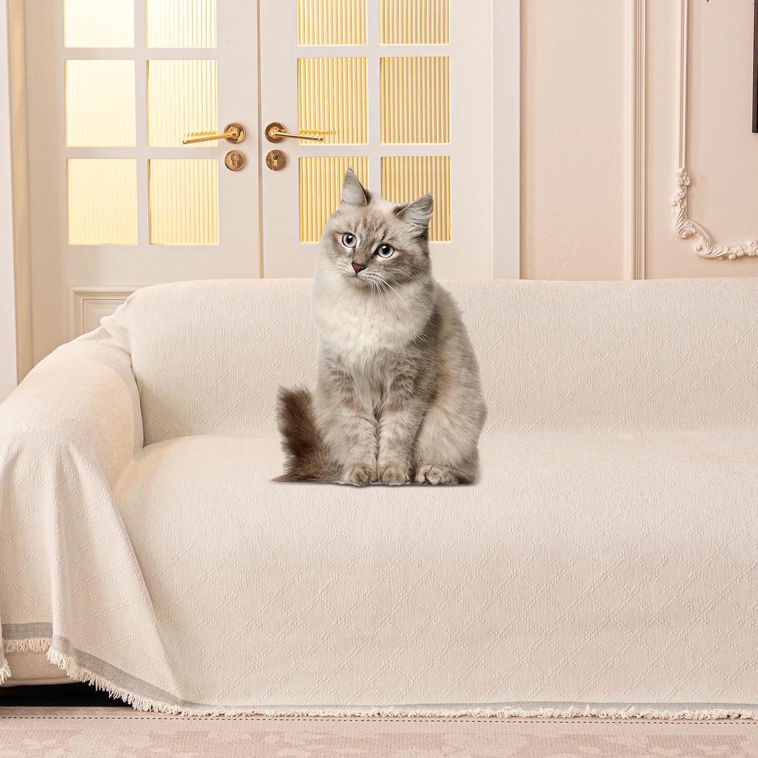 Deisy Dee Sofa Covers for 3 Cushion Couch Sofa Chenille Sofa Slipcover for Sectional l Shaped Couch Pets Protector Furniture Covers (Off White, 71" x 118")