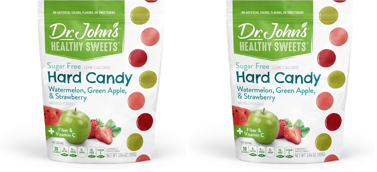 Dr. John’s Sugar Free Candy, Healthy Hard Candy with Zero Sugar, Low Calorie Snacks, Vegan, Gluten Free, Watermelon, Green Apple, & Strawberry, 24 count, 3.84 OZ (Pack of 2)