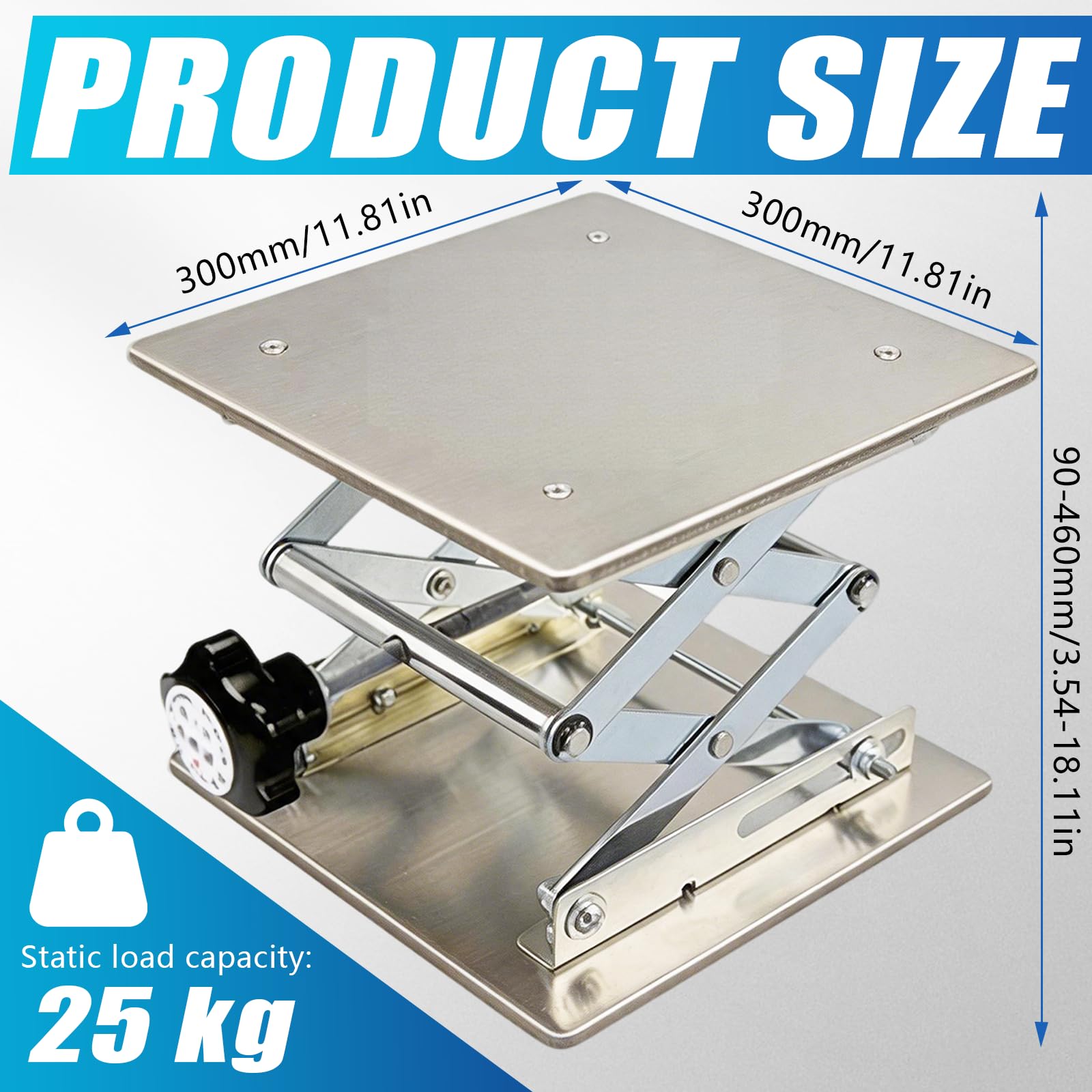 Mesa Elevadora 300x300 mm, Plataforma de Elevación de Acero Inoxidable Gato de Laboratorio Carga 25kg Altura 90-460mm Ajustable para Microscopio y Grabado Láser, Pies de Goma