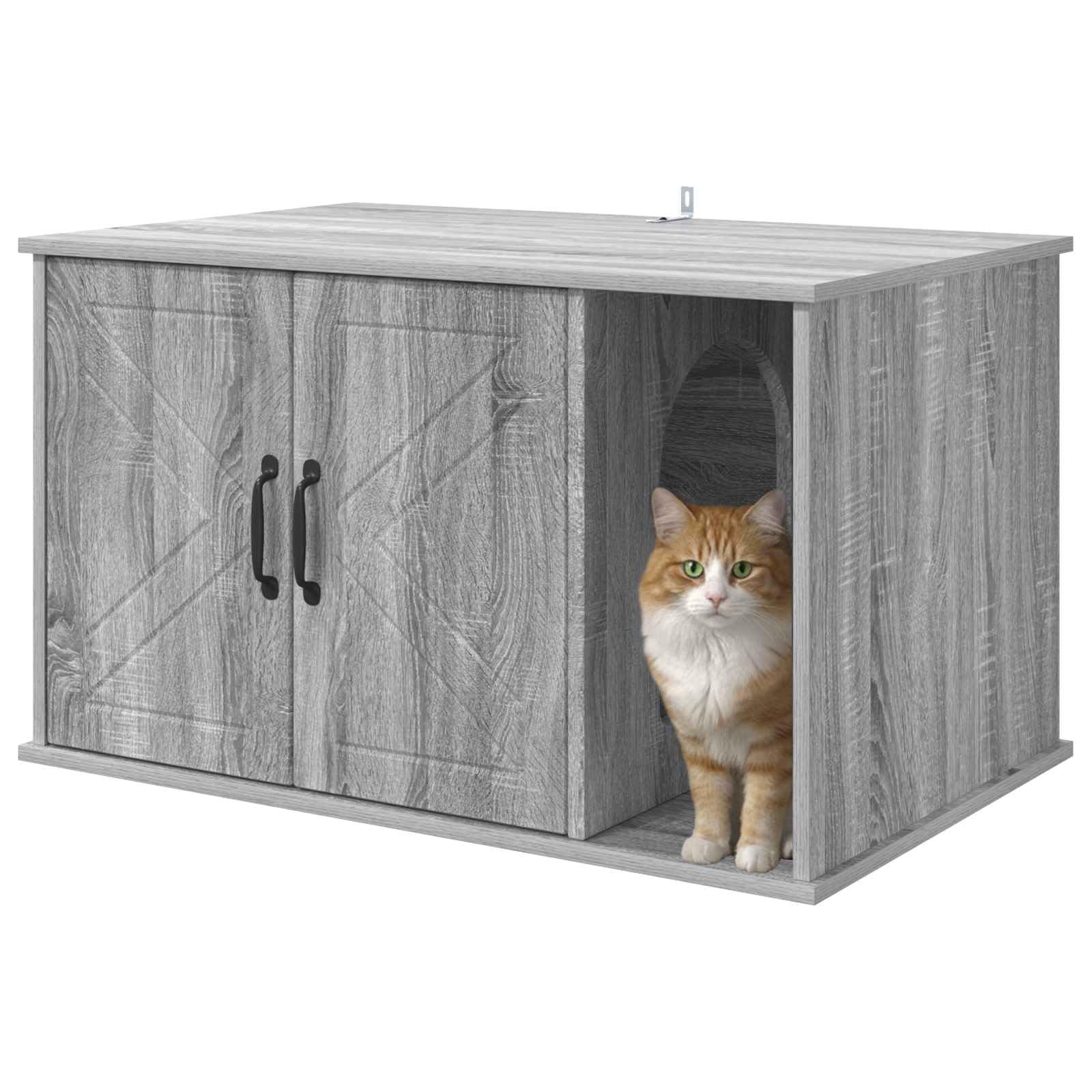 Casa rectangular para gatos gris Sonoma 85 x 55 x 50 cm de madera de ingeniería, diseño minimalista moderno para sala de estar, refugio cómodo para felino, incluye accesorios de montaje