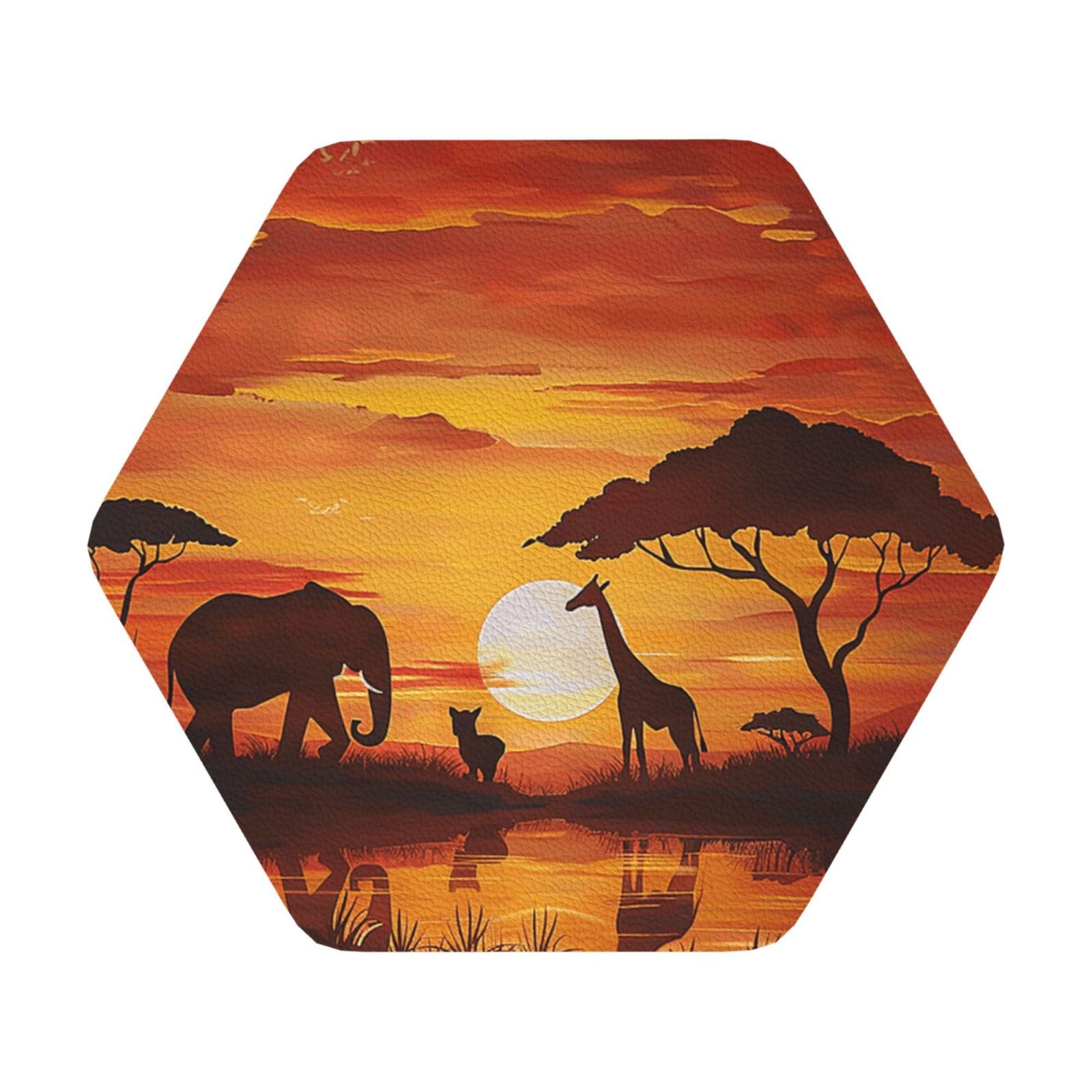 Elephant and Giraffe in The Sunset Print Leather Coaster Set of 6, Hexagon Coasters Table Decorative Coffee Cup Beverage Coasters Wine Beer Bar Coasters for Hot Drinks Table Protection