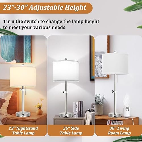 Miniatura 3 de Juego de 2 lámparas de mesa para dormitorio, lámpara de noche con 2 puertos USB, lámpara de mesa alta ajustable de 23 a 30 pulgadas de altura para