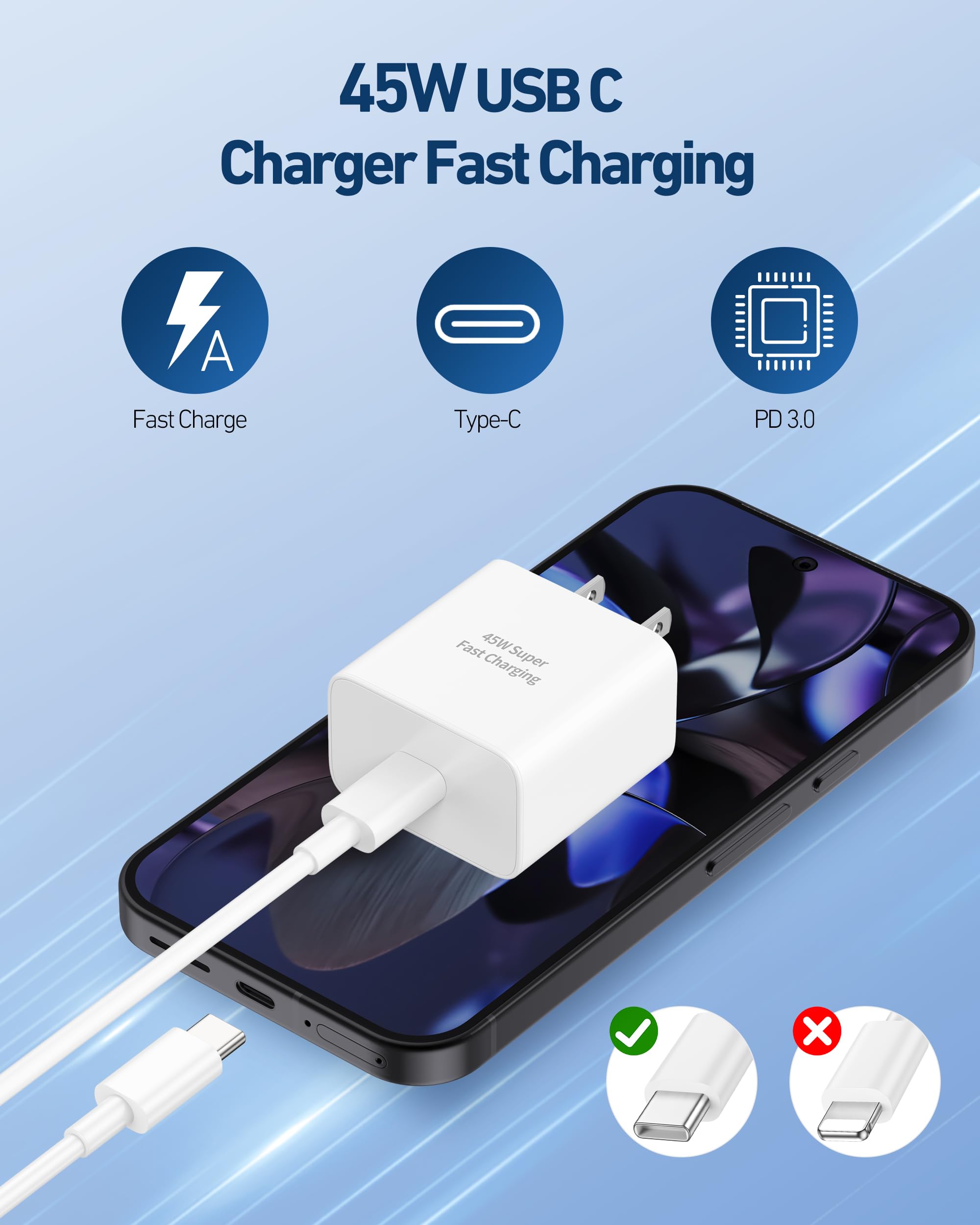 45W USB C Fast Charger for Google Pixel 9/9 Pro/9 Pro XL/9 Pro Fold/8/8a/8 Pro/7 Pro/7a/6 Pro/6a/6/5/4/3 XL, 2Pack 45 Watt Type C Super Fast Wall Charger Block with 10FT Long USB C to C Cable
