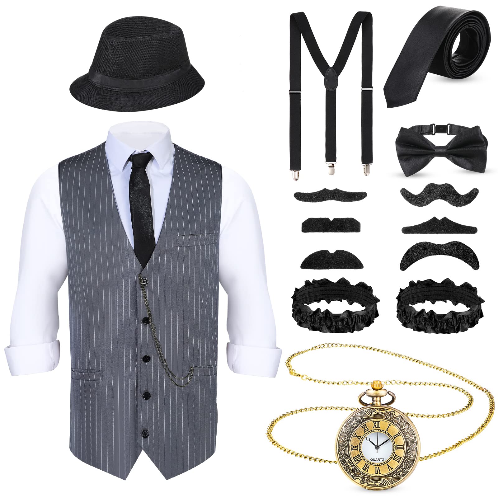 Blulu Disfraz Hombre 1920 Halloween con Chaleco Sombrero Fieltro Reloj Bolsillo Tirante