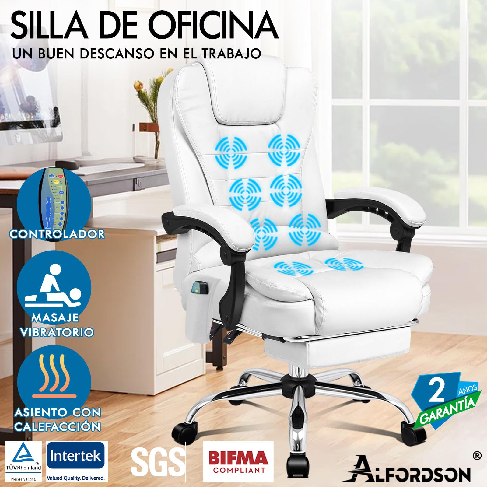 ALFORDSON Silla de Oficina Ejecutiva, Silla de Oficina de Masaje con Respaldo de Palanca, Silla de Escritorio Ergonómica con Gran Acolchado, Sillón, Silla Giratoria, Cuero PU, Blanco