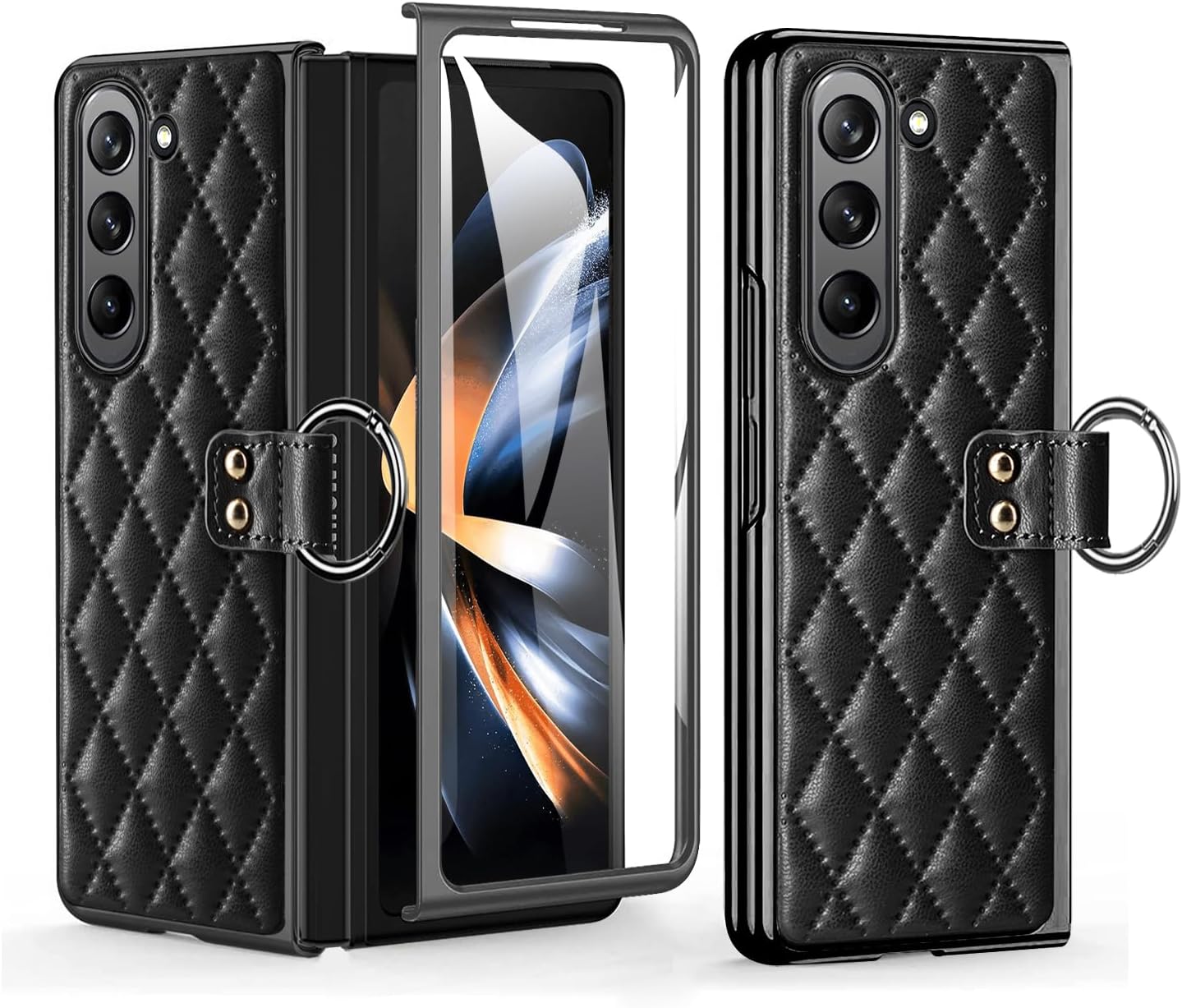 for Samsung Galaxy Z Fold 5 High-end Stylish Business Diamond Leather Phone Case with Ring Design, Anti-Slip, Anti-Drop, and Two-in-One Protection.(Black)