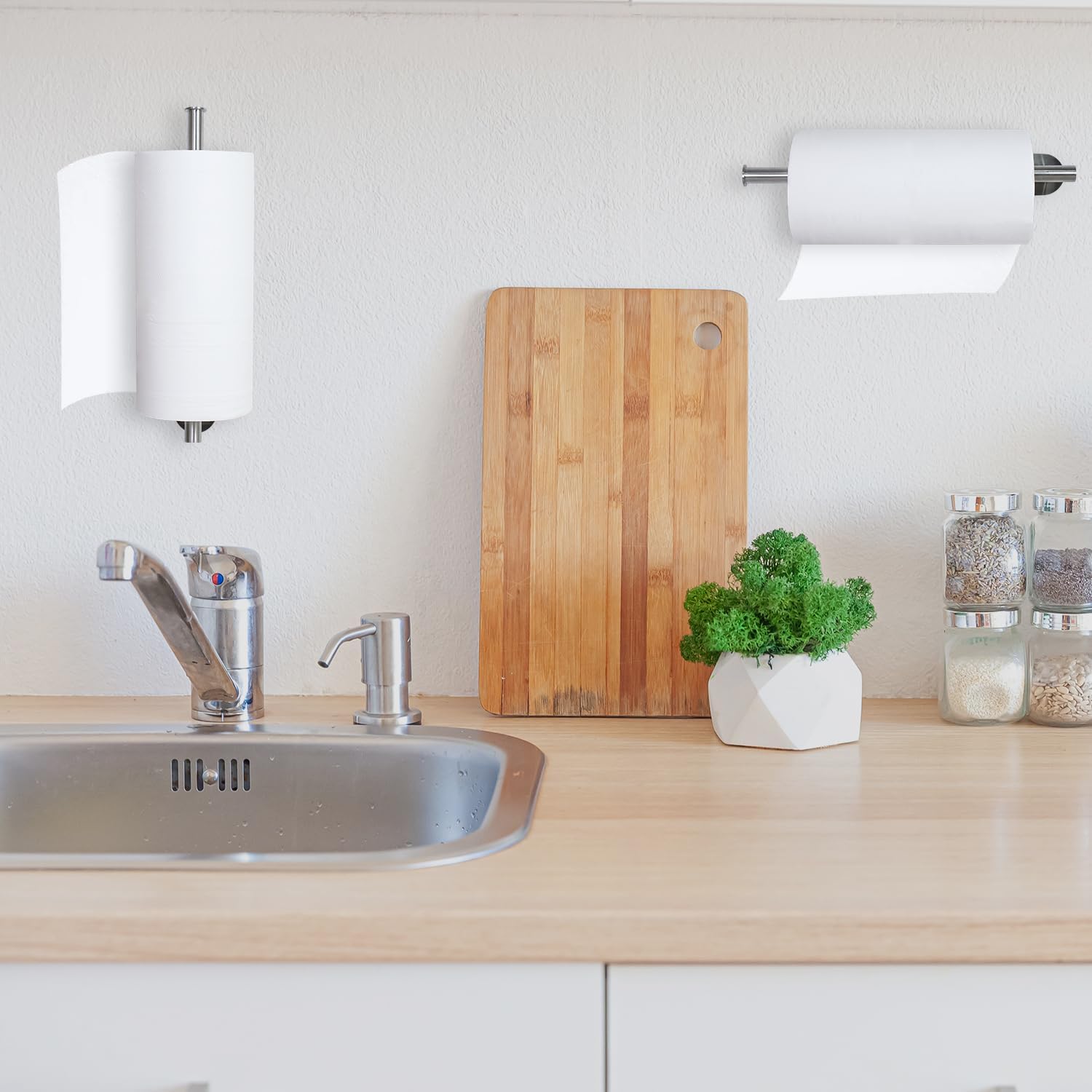 Paper Towel Holder Under Cabinet, 2 Pack Kitchen Paper Towel Holder Wall Mount Self Adhesive Paper Towel Bar Under Counter Hanging Tissue Roll Dispenser for Kitchen Bathroom Organize, Sliver