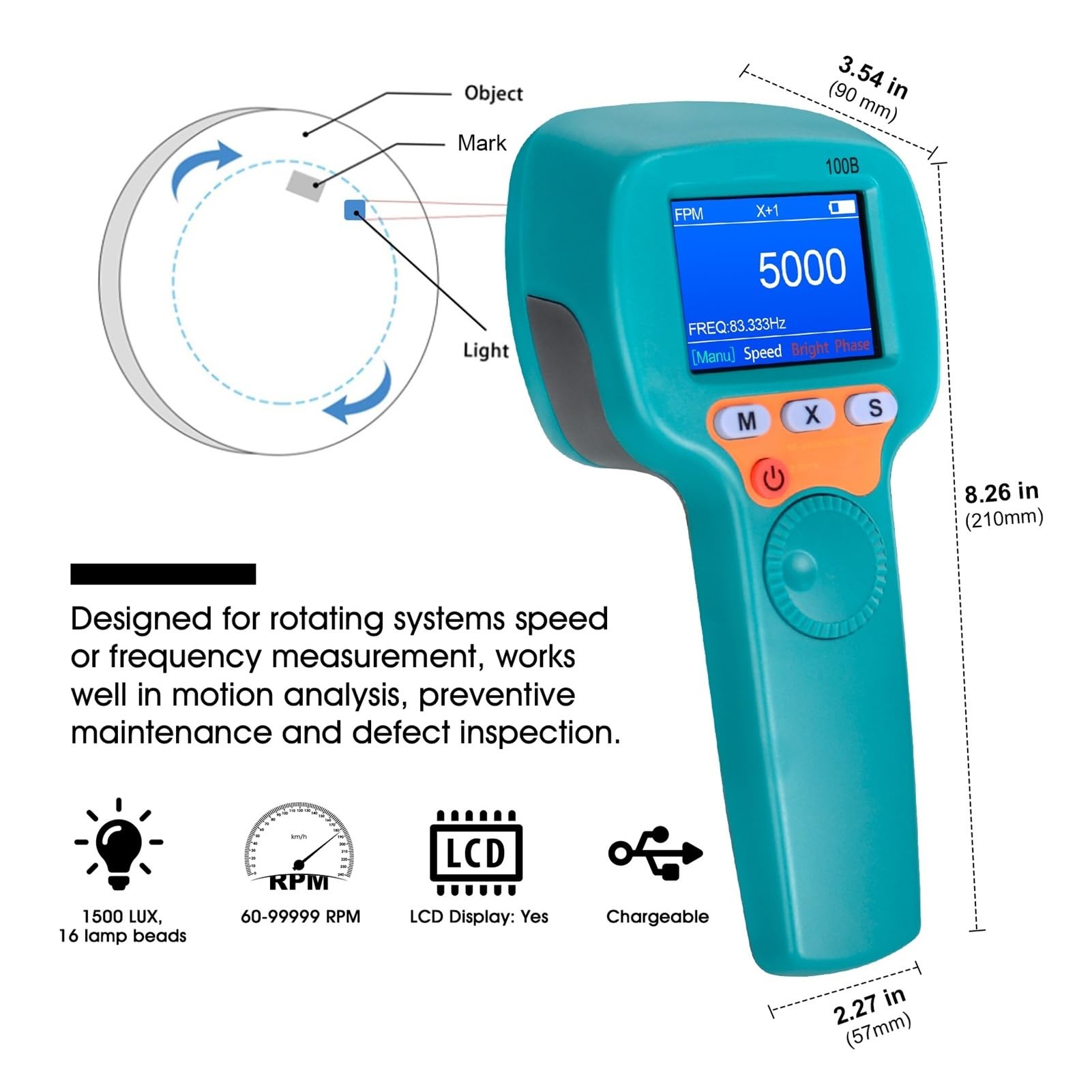 Tacómetro de luz estroboscópica, estroboscópico, medida sin contacto, velocidad de 60-999999 RPM/FPM con precisión del 0.001%, velocímetro de mano Posicionamiento preciso