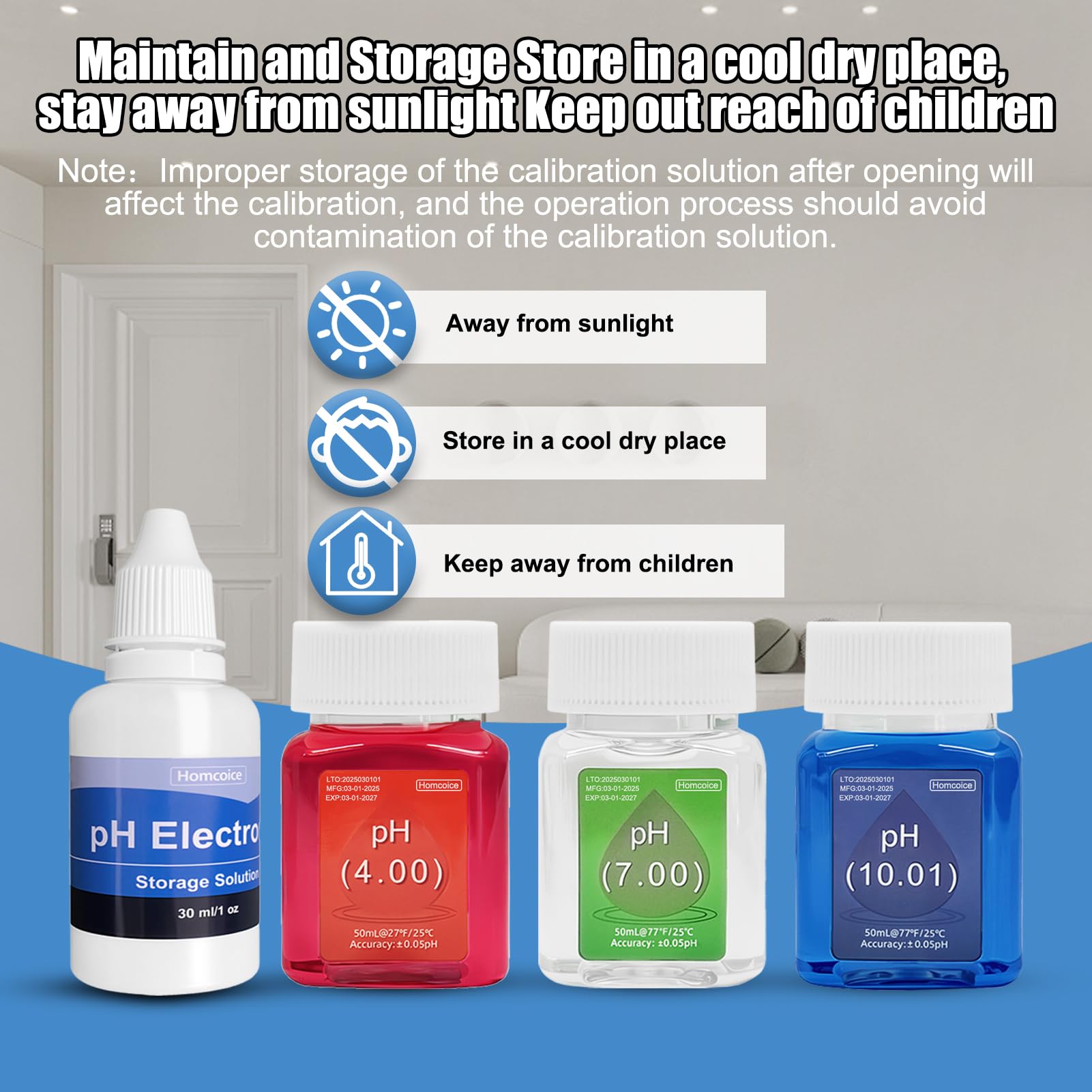 Kit Solution Étalonnaget pH (4.00, 7.00 et 10.01), universel Solution Étalonnage pH 50 ml et Solution Stockage de sonde pH (KCL) 30 ml pour pH-mètres