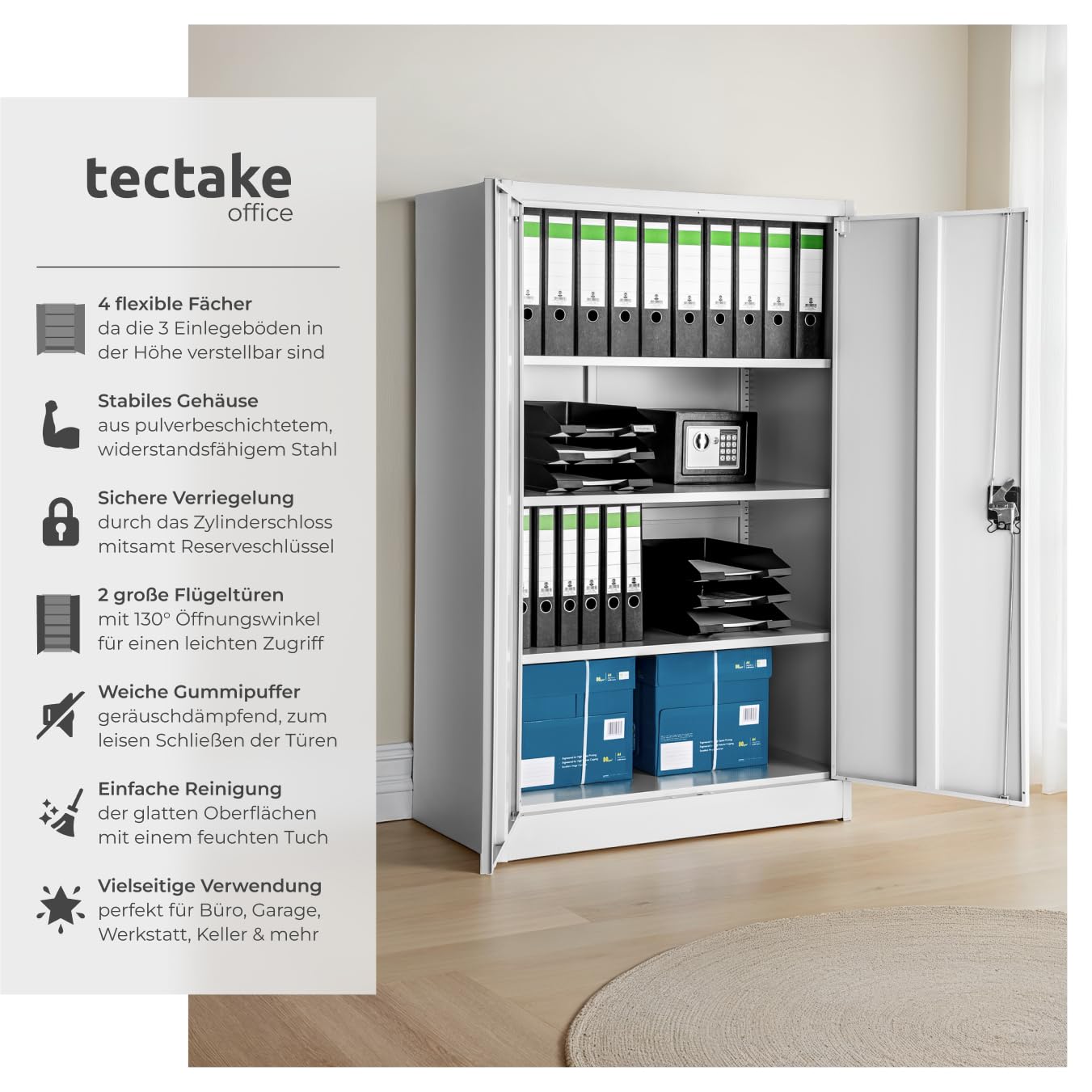 tectake® Aktenschrank abschließbar, Schrank Büro, Metallschrank zur Werkstatteinrichtung, Besenschrank, Vorratsschrank, Werkstattschrank, Spind Schrank mit 4 Fächern - grau, 140 x 90 x 40 cm