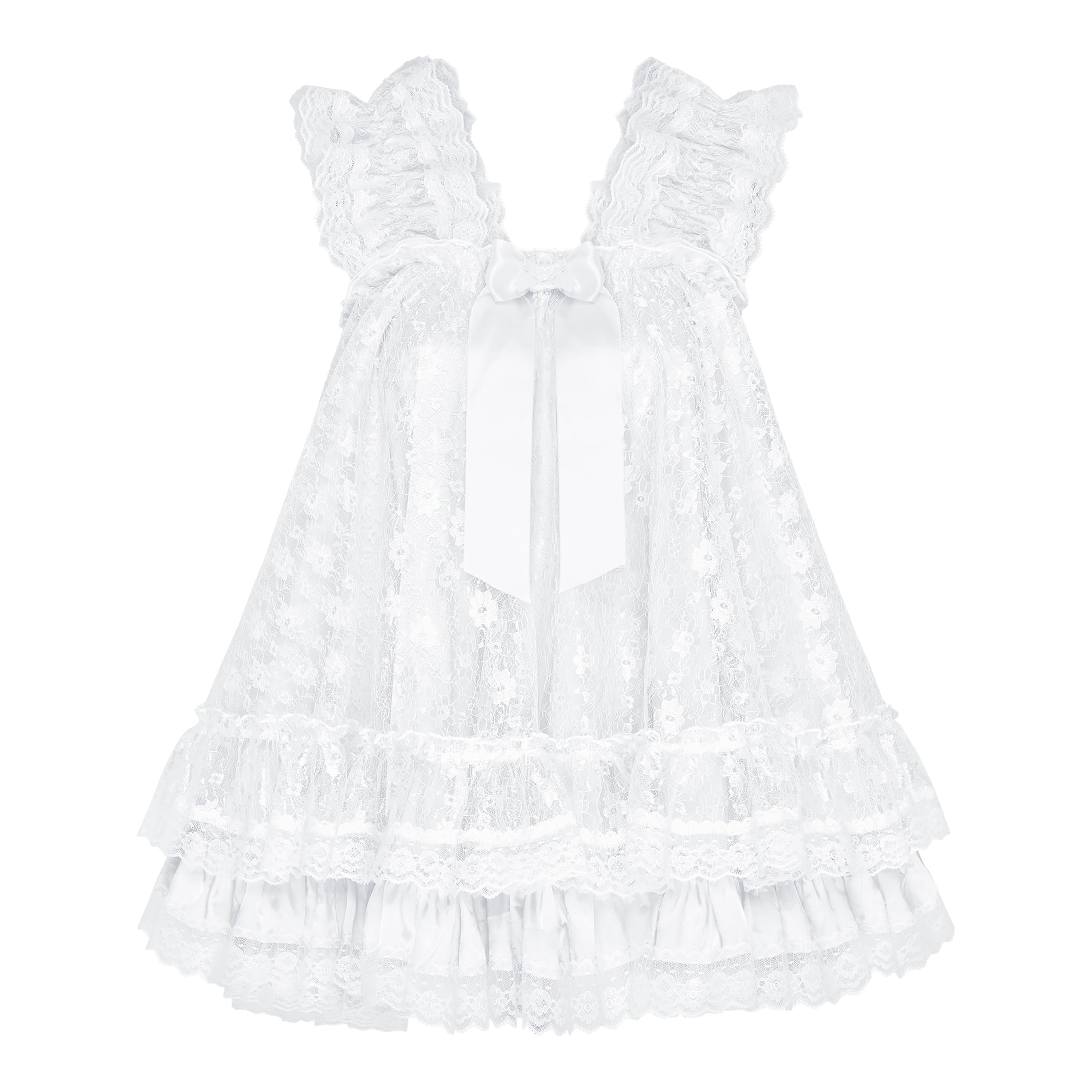 Satini Picardías Sissy Raso y Encaje Floral | Babydoll de Doble Capa, Lazo con Cinta, Tirantes Elásticos, Bajo por Capas, Crossdressing, Tallas S-XXL